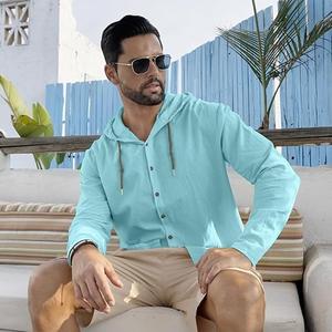 Chemise à manches longues à capuche boutonnée/à cordon de serrage, couleur personnalisée, coupe classique pour homme - Product Image 3