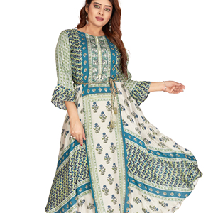 Vestido étnico de estilo pakistaní Kurti de muselina de viscosa larga para mujeres indias con estampado de colocación digital para adultos y niñas listas para fiestas - Product Image 2