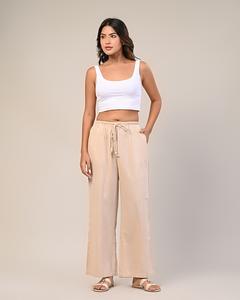 Nouveau pantalon large beige élégant pour femme, coupe décontractée/ample, uni, tissage uni, taille élastique, coton extensible - Product Image 1
