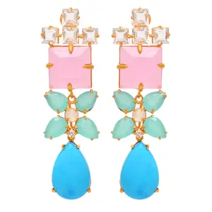 Yellow Gold Pink Chalcedony Blue Turquoise Earrings 925 Sterling Silver Chalcedony Turquoise Multi Stone Colorful Dangle Earring