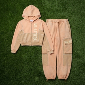 Women <b>Cropped</b> <b>Zip</b> <b>Up</b> <b>Hoodie</b> and Cargo Sweatpants Set Washed Two Piece Tracksuit Custom Rhinestone Detail - Product Image 6