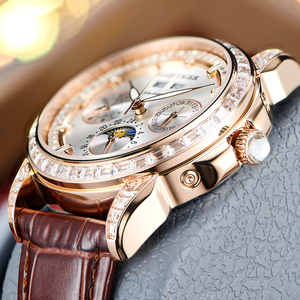 Reloj mecánico multifuncional de lujo Reef Tiger para hombre, relojes clásicos automáticos luminosos de cuero con diamantes de oro rosa RGA1988 - Product Image 2