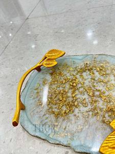 Juego de bandejas rectangulares de resina dorada para el hogar, cocina y restaurante, mango de diseño de hoja de Metal dorado - Product Image 6