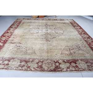 Vintage Oversize Rug 11.1x11.4 ft, Red <b>Brown</b> Striped Rug <b>Wool</b> - Product Image 3