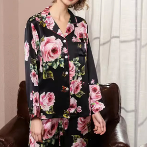 Pijama de seda 100% estampado floral personalizado ropa de dormir de manga larga para mujer - Product Image 5