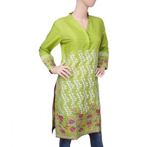 Women's Embroidered Cotton <b>Kurti</b> - Light Green - Product Image 1