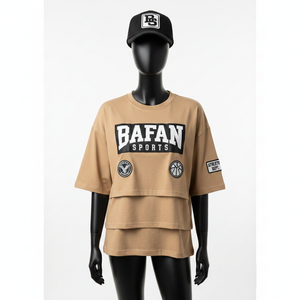 Chemise double couche en coton premium pour femmes, tissu doux et respirant, couleur beige, panneau superposé, logo personnalisé, chemises double couche en coton - Product Image 1