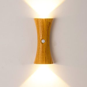 Wood Grain LED <b>Wall</b> Lamp Human Body Sensor Two Way Bedside <b>Sconce</b> Wireless Magnetic Installation - Product Image 1