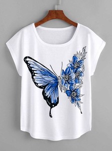 เสื้อยืดผ้าฝ้ายพิมพ์ลายดอกไม้ & ผีเสื้อสำหรับผู้หญิงเสื้อยืดโอเวอร์ไซส์ - Product Image 3