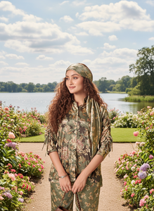 Ensemble coordonné élégant à imprimé floral pour femmes, kurta ethnique contemporain à coupe asymétrique, pantalon assorti, écharpe, tenue de soirée, polyester, séchage rapide - Product Image 4