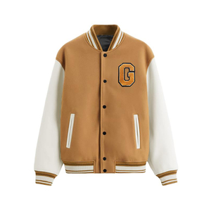<b>Men's</b> Varsity <b>Jacket</b> Brown White Sleeve Embroidered <b>Letter</b> G Preppy Style Autumn Cotton Polyester Fleece Lining - Product Image 1