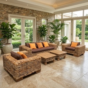 Nuevo Conjunto de Sofás de Ratán Minimalista Moderno para Sala de Estar, Muebles de Lujo para Patio y Jardín, Asientos de Mimbre Grueso con Cojines Naranjas - Product Image 4