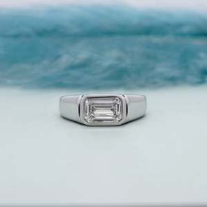 East West Emerald Cut Diamond <b>Ring</b> for <b>Men</b> Bezel <b>Set</b> Engagement <b>Ring</b> - Product Image 1