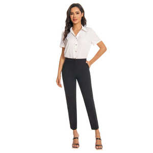 Pantalon crayon extensible taille mi-haute rouge vif, coupe ajustée, longueur cheville, respirant, anti-plis, avec poches, idéal pour le bureau - Product Image 4