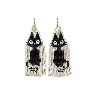 Boucles d'oreilles brodées de perles de rocaille faites à la main de conception de chat d'Halloween haut à la mode avec pierre de diamant de poire boucles d'oreilles créoles à la mode personnalisées - Product Image 2