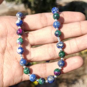 Ruby Zoisite & Lapis Lazuli Sterling Silver 8mm Beads Natural Green Blue Gemstone Boho Statement Choker Wedding Gift - Product Image 3