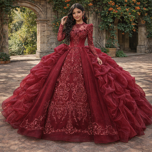 XS261 Vestido de Fiesta de Quinceañera Vintage con Cuello Alto, Volantes y Cola, Estilo Musulmán - Product Image 1