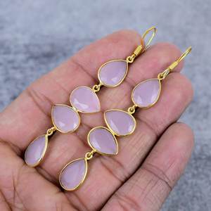 Boucles d'oreilles pendantes en forme de poire en argent sterling plaqué or avec pierre précieuse en calcédoine rose, cadeau tendance pour les fêtes, pour femmes - Product Image 3