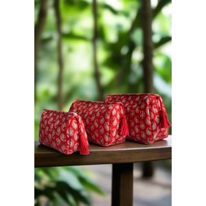 Juego de 3 Bolsas Organizadoras de Maquillaje de Algodón con Estampado Paisley Rojo Estilo Bohemio, Multifuncionales y Pequeñas - Product Image 1