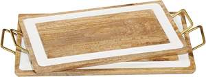 Juego personalizado de 2 bandejas de madera ecológicas con incrustaciones de esmalte blanco y asa de metal chapada en oro para uso en restaurantes, hoteles y fiestas. - Product Image 2
