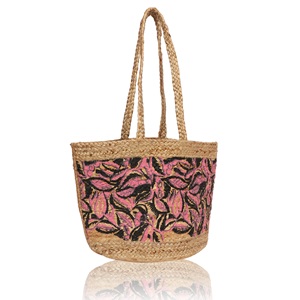 Bolso de playa bohemio de yute con bordado de leopardo morado, tamaño mediano, asa de cuerda y cierre con cordón. - Product Image 4