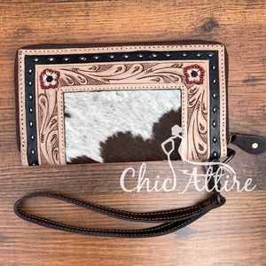 Hand Tooled Carving Wallet Clutch Phone Case Stylish Cowhide Fur Hot <b>Sale</b> Wallet Multi Uses Western Leather Wristlet Wallets - Product Image 1