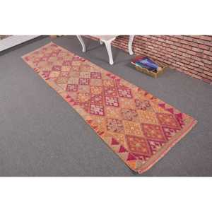 Alfombra Turca, Alfombra Vintage de 2.5x11.5 pies, Alfombra de Lana a Cuadros Rojos - Product Image 2