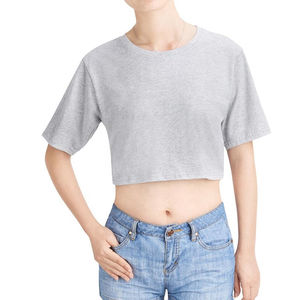 Tops cortos bordados personalizados para mujer, camiseta de manga corta 100% de algodón, top corto holgado, camisetas de yoga y gimnasio - Product Image 4