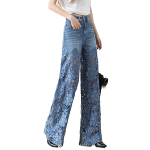 Pantalon en jean pour femme, style Y2K, élégant, pour l'été 2026, avec crochet ajouré, motif floral, poche zippée, bouton, coupe droite, ample - Product Image 1