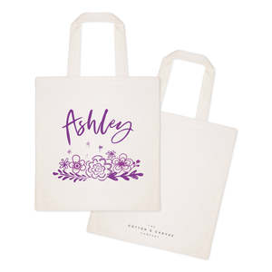 Personalized Name Purple Floral Cotton Canvas Tote Bag Embroidery Letter Decoration Polyester Lining Fashionable Open for All - Product Image 2