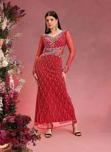 Vestido Maxi acampanado modesto a la moda con bordado de cuentas y parte delantera de perlas de longitud completa cintura natural cuello en V estilo elegante Simple - Product Image 5