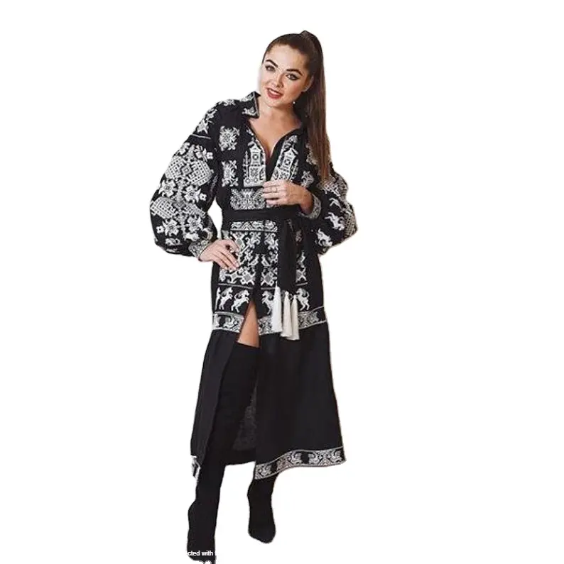 Lüks yüksek kaliteli nakış kadınlar uzun Kimono tarzı ukrayna tam kollu zarif parti giyim ukrayna elbise kemer ile
