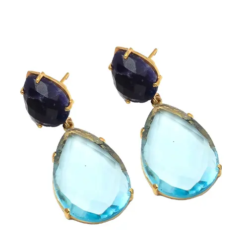 Exclusivo Topacio Azul Hydro & Lapis Lazuli joyería chapado en oro plata esterlina 925 forma de pera pendientes de piedras preciosas