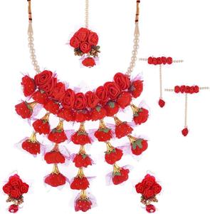 Elegante joyería de flores hecha a mano para Mehndi Haldi Bride incluyendo pendientes anillo Maang Tikka y conjunto de collar - Product Image 1