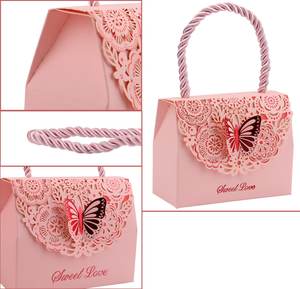 صندوق ورقي مخصص قابل للطي مطبوع بشعار مضلع لتعبئة وتغليف الهدايا والحفلات على شكل فراشات لوصيفات العروسة مزود بيد - Product Image 6