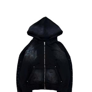 Sweat-shirt noir délavé personnalisé unisexe 100% coton d'hiver au crochet ODM vintage avec fermeture éclair en strass boutonné sur le col 430g - Product Image 1