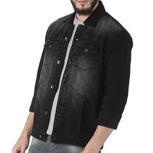 Veste en jean noire de haute qualité, col à boutons, poches chauffe-mains, lavable, jean ajusté - Product Image 2