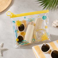 Pochette de plage transparente en PVC imperméable avec fermeture éclair jaune, motif vague soleil, pour serviette, lunettes de soleil, lotion, peigne, voyage, vente en gros