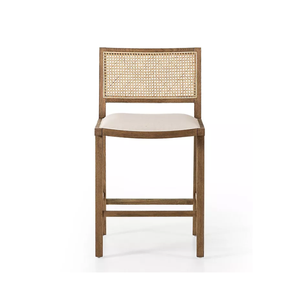 Taburete moderno de mediados de siglo con respaldo de caña y asiento tapizado - Product Image 1