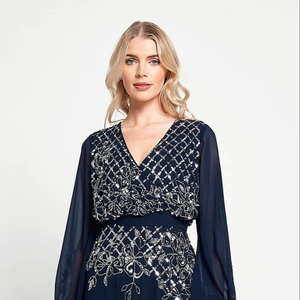 Vestido de fiesta acampanado para mujer, cuello en V, corpiño adornado a mano con cuentas, Vestido largo de manga larga, vestido de fiesta de noche hasta el suelo - Product Image 1