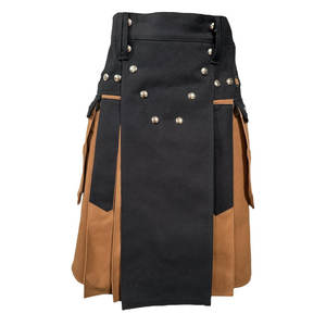 Kilt utilitaire en denim durable bicolore noir et caramel pour hommes, poches cargo, boucle et fermeture à bouton - Product Image 1