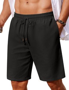 Pantalones cortos de lino y algodón 100% para hombre, con cintura elástica, bolsillos con cordón, pantalones cortos informales de playa de verano, estilo de vacaciones antiarrugas - Product Image 1