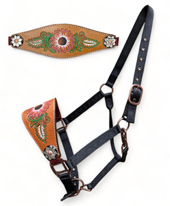 Licol de Bronc Western OEM en Cuir de Vache Argentin, Gravé à la Main, Conchos Peints Tournesol, Cuivre Antique, Réglable - Product Image 1