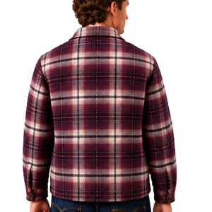 Chaqueta a cuadros Borgoña para hombre con forro de sherpa suave, botones frontales y bolsillos en el pecho, ropa de abrigo informal de invierno. - Product Image 2