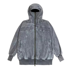 Fabricant Logo personnalisé Épaules tombantes Vintage Acid Wash Fashion Denim Full Zip up Streetwear Balaclava Hoodie - Product Image 2