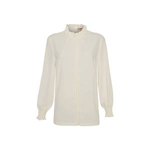 Blusa de gasa color blanco roto con cuello de lazo y detalles en los puños para mujer - Product Image 1