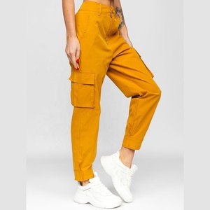 <b>Women</b> High Waist Cargo Pants Mustard Yellow Cotton Loose Fit Ankle Length Casual Style With Pockets Autumn Wear - Product Image 3