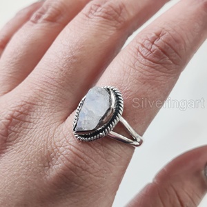 Joyería de piedra cruda, anillo de mujer, piedra lunar arcoíris Natural, piedra preciosa, piedra natal de junio, joyería de banda Bohemia, anillo de Plata de Ley 925 - Product Image 4