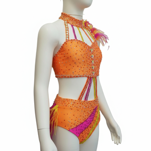 Traje de Baile con Pedrería Naranja para Niñas, con Cuentas de Cristal, para Competencia, con Plumas, para Samba y Baile Latino - Product Image 3