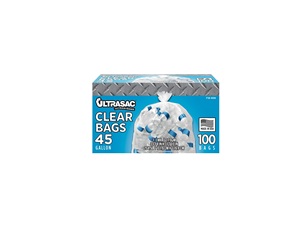 Sacs poubelles de recyclage transparents Ultrasac 45 gallons, 1,1 mil, 40 x 46 pouces, 100 unités avec attaches, sacs poubelles résistants - Product Image 1